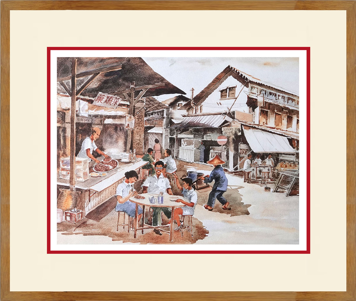 watercolour painting wall art Johore road street hawker early singapore by ching hing kang